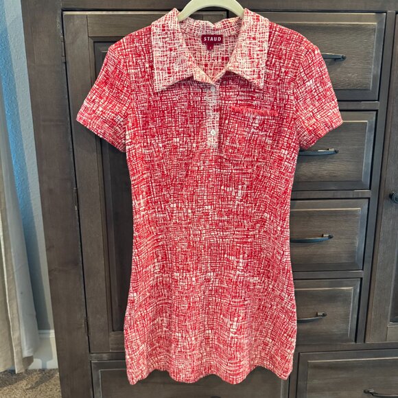 STAUD Flying Crosshatch Polo Mini Dress Red Textured Knit Collared Retro Mod 4 - Picture 4 of 11